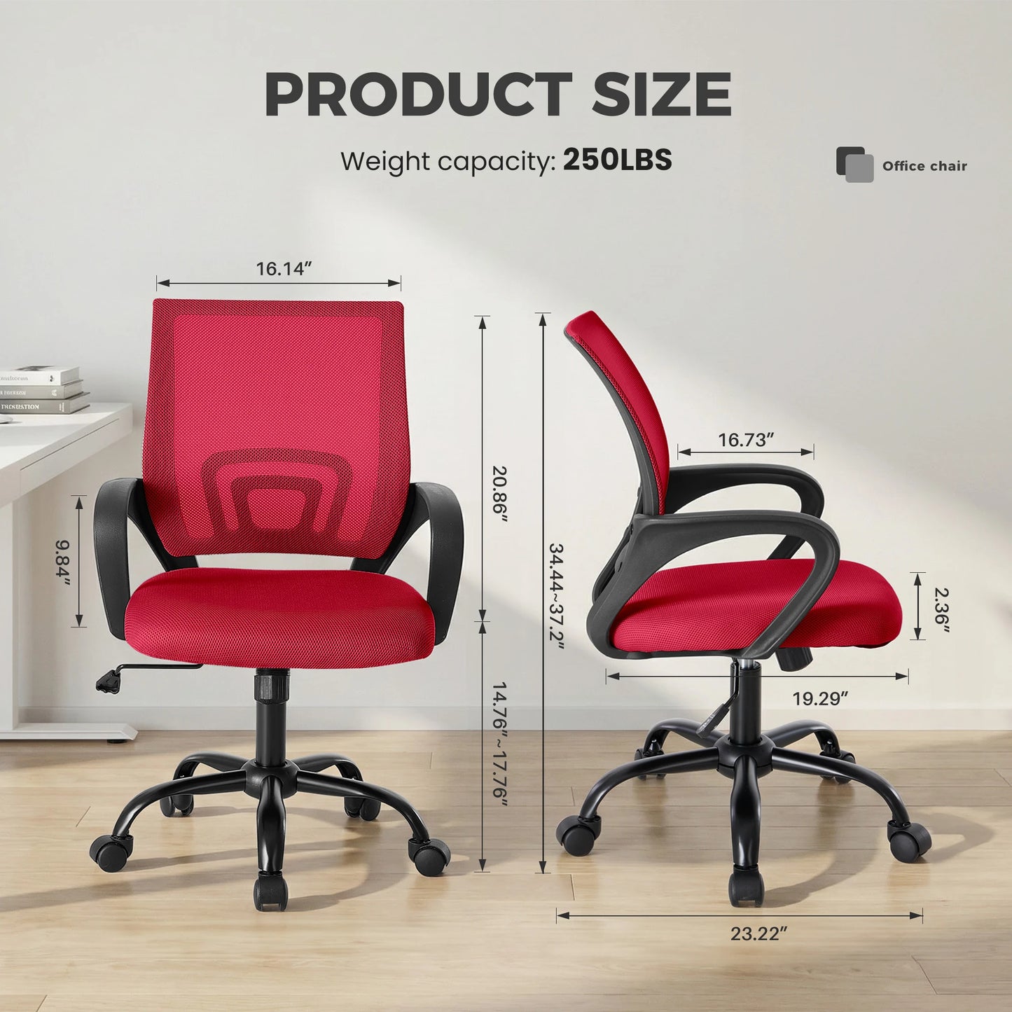 JHK Ergonomic Office Desk Gaming Chair Mid Back with Lumbar Support Rocking Mode Height Adjustable with Fixed Armrest For Office