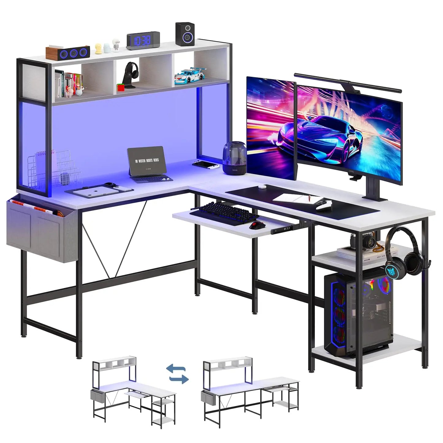 JHK 67" L Shaped Gaming Desk Corner Desks for Compact Spaces with Keyboard Tray Storage Shelf Reversible Computer Desk with LED Lighting Metal Frame PC Gaming Table for Home Office