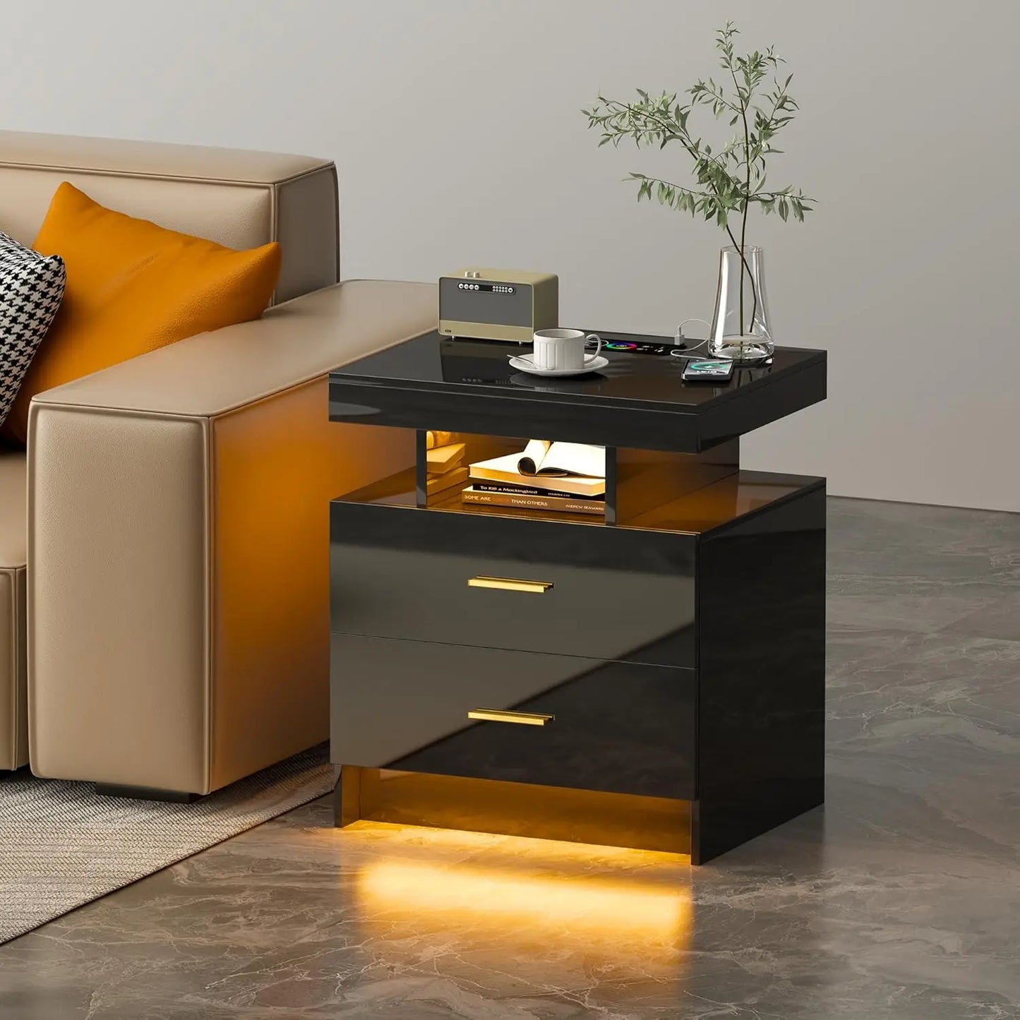 Black Night Stand Set 2 Modern Bedside Tables with Wireless Charging 3 Drawers Glass Top Smart Customized End Side Table