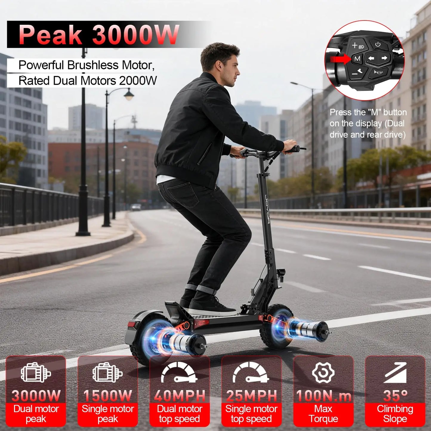 JOYOR Dual Motors S10-S-Z Electric Scooter 2400W Peak 60V18Ah Battery 18650 Battery Cell 45 Miles Range 37 MPH 10" OffRoad Tires Dual Elastomer Suspension Hydraulic Disc Brakes Aluminum Alloy Frame Wide Footrest Easy Storage
