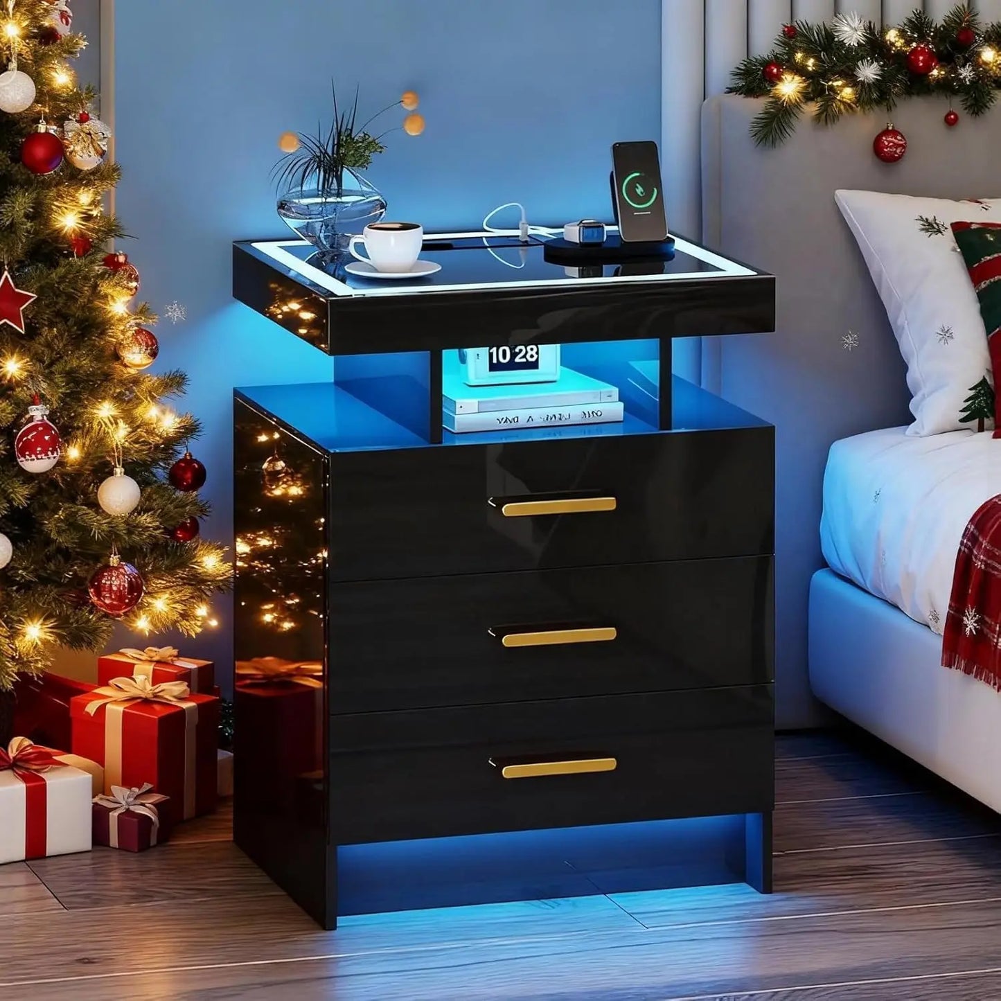 Black Night Stand Set 2 Modern Bedside Tables with Wireless Charging 3 Drawers Glass Top Smart Customized End Side Table