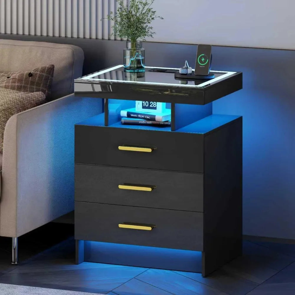 Black Night Stand Set 2 Modern Bedside Tables with Wireless Charging 3 Drawers Glass Top Smart Customized End Side Table