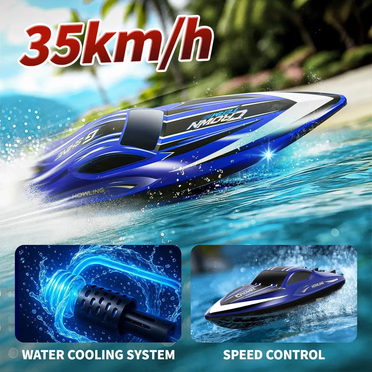 High-Speed 35KM/H Waterproof RC Boat with 2.4GHz Remote Control, Automatic Flip, LED Lights, Water Cooling, Low Battery & Out-of-Range Alarm, 2 Batteries, for Kids & Adults, Pool & Lake Racing