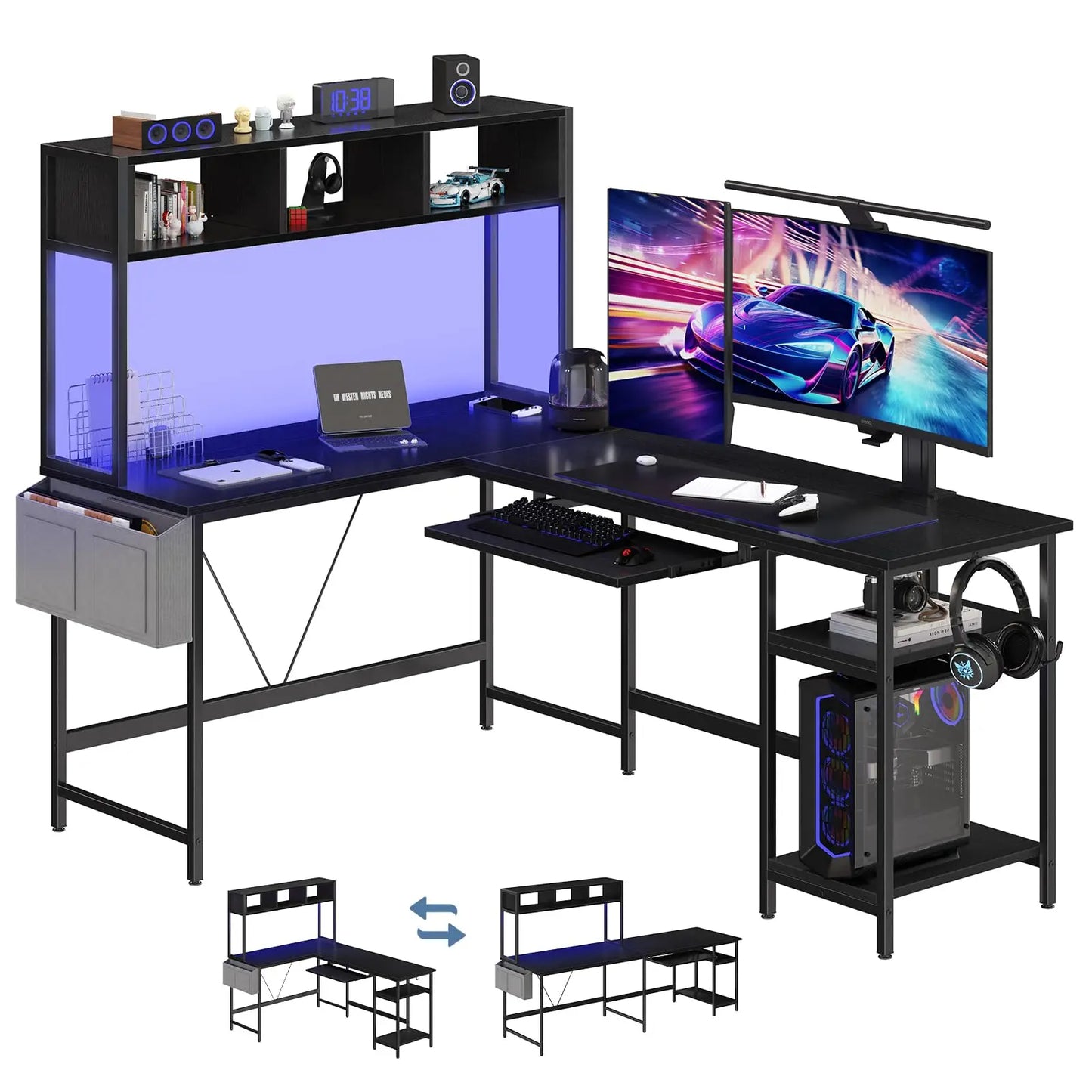 JHK 67" L Shaped Gaming Desk Corner Desks for Compact Spaces with Keyboard Tray Storage Shelf Reversible Computer Desk with LED Lighting Metal Frame PC Gaming Table for Home Office