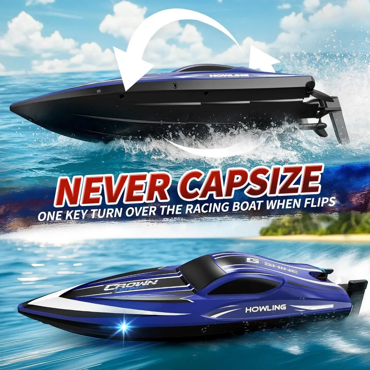 High-Speed 35KM/H Waterproof RC Boat with 2.4GHz Remote Control, Automatic Flip, LED Lights, Water Cooling, Low Battery & Out-of-Range Alarm, 2 Batteries, for Kids & Adults, Pool & Lake Racing